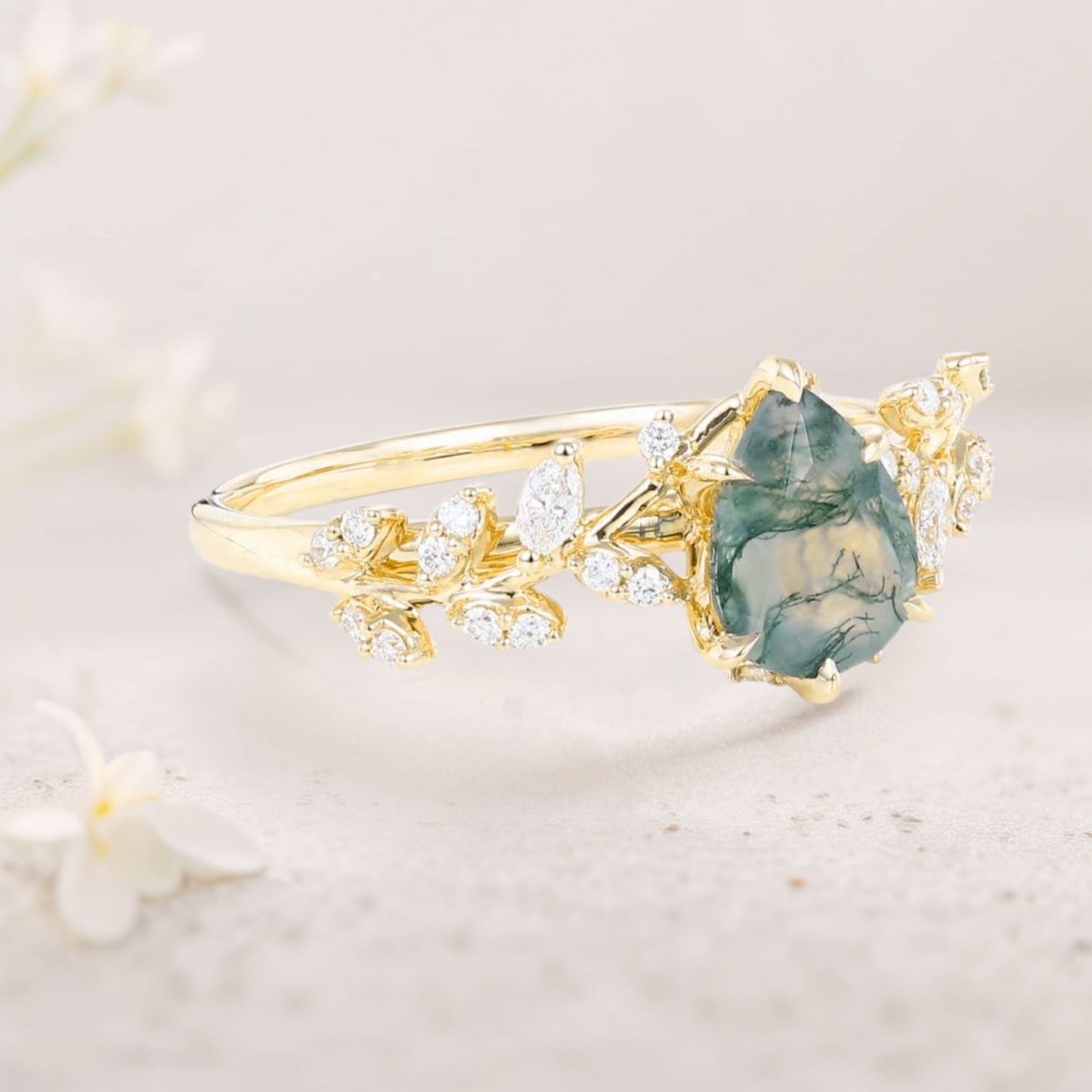 Unique floral engagement ringsPear Moss Agate Leaf Engagement Ring Mystical Garden Bridal Ring Promise Ring