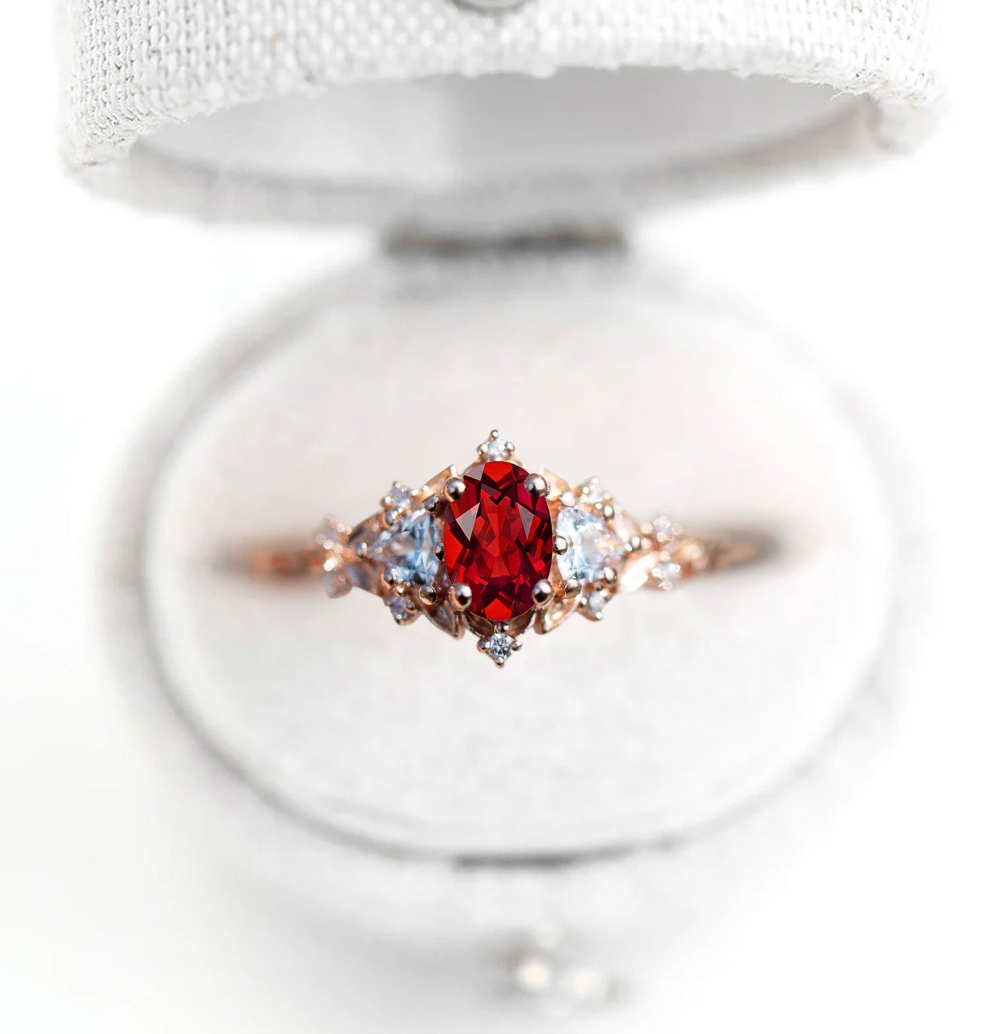 Unique Celeste Rose Oval Garnet and Moissanite Ring