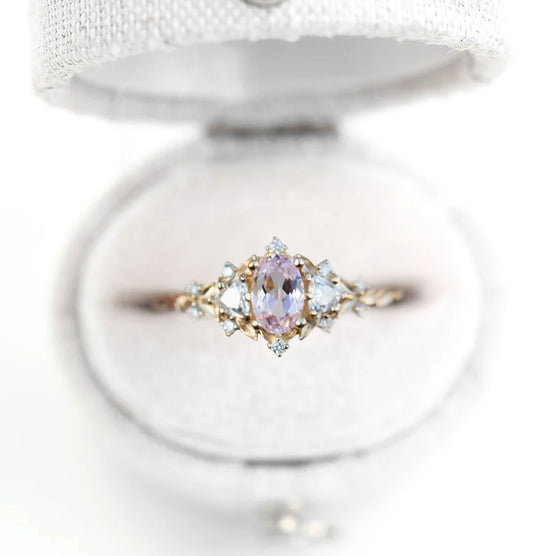 Unique Floral Rose Three Stone Oval Pink Padparadscha Ring