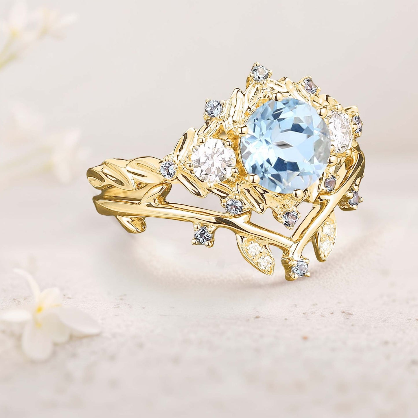 Unique floral engagement rings Round Natural Aquamarine Leaf Engagement Ring Set