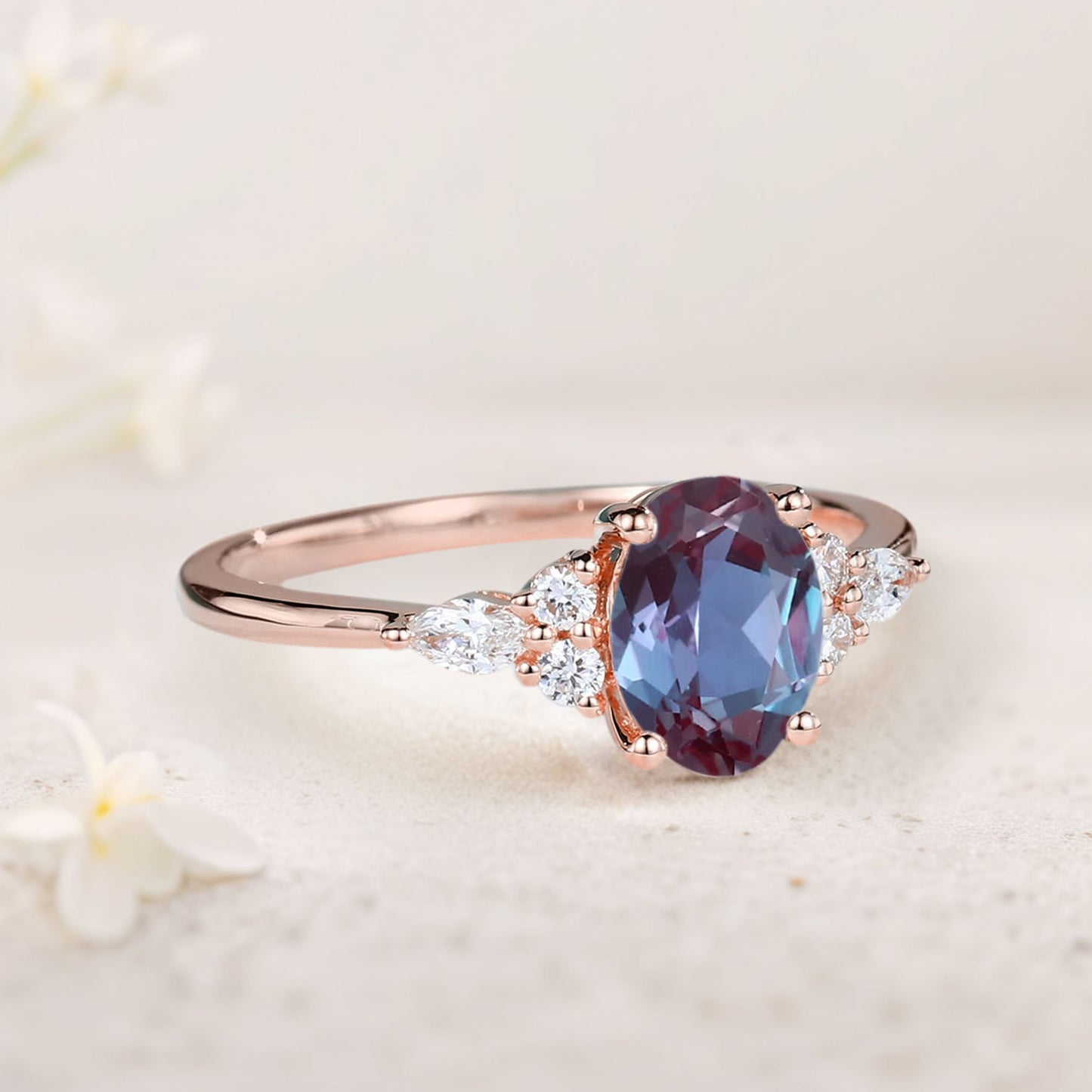 Vintage Oval Alexandrite Cluster Engagement Ring