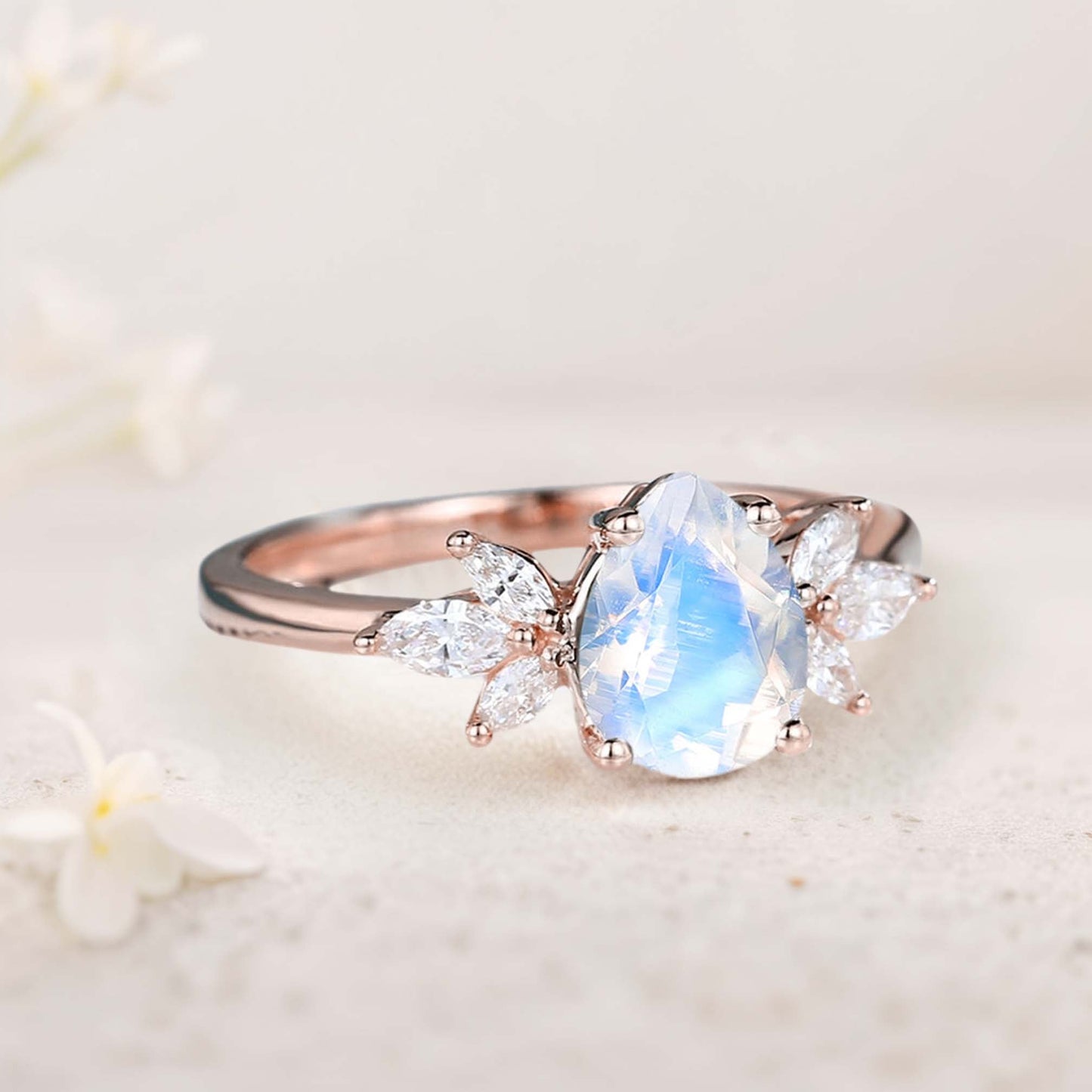 Unique Pear Moonstone Engagement Ring Simple Cluster Bridal Ring