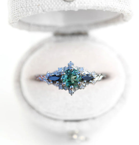 Unique Floral Rose Round Lab Green Sapphire and Black Moissanite Ring