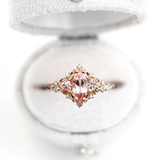 Unique Floral Rose Three Stone Marquise Padparadscha Ring