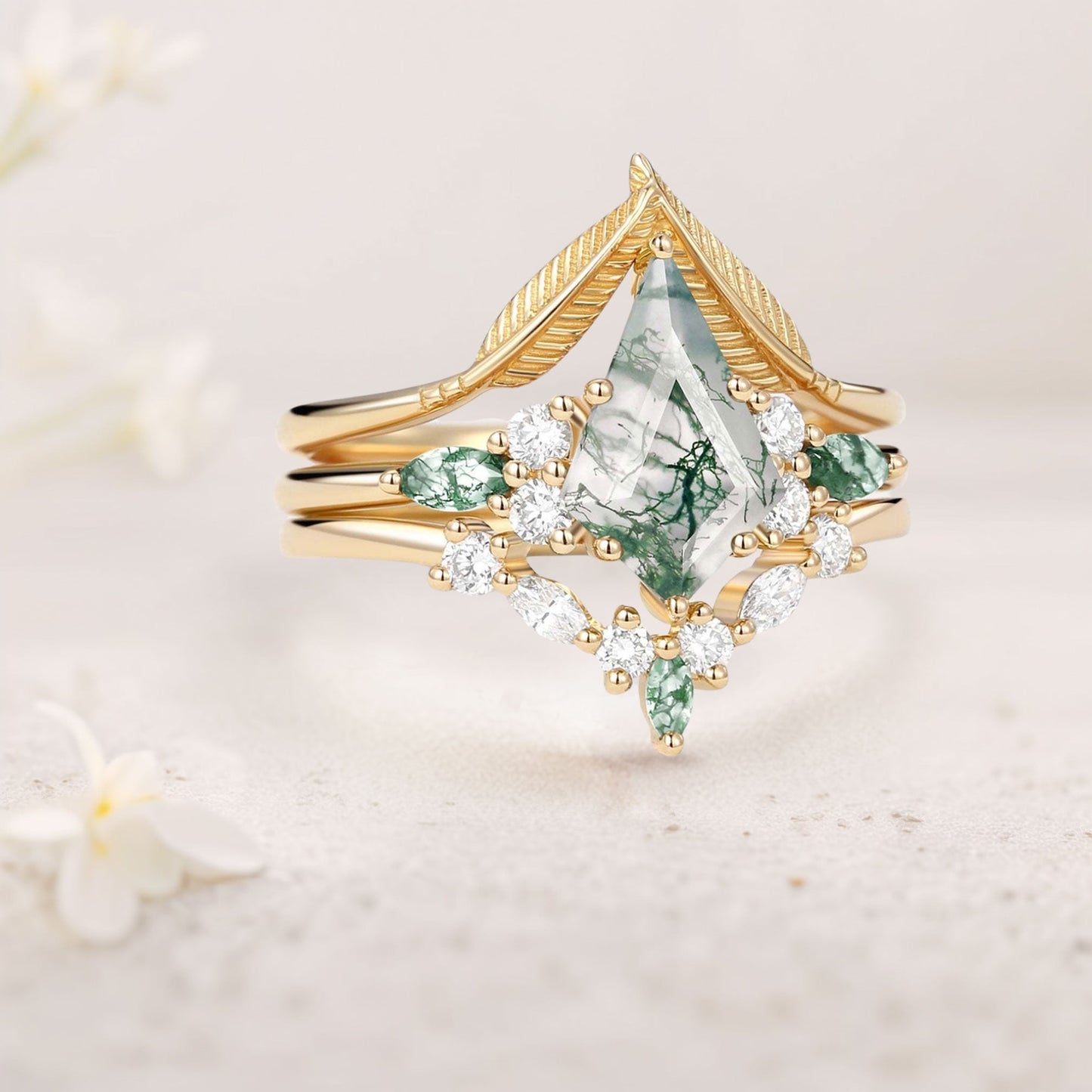 Unique floral engagement rings Kite Moss Agate Leafy Engagement Bridal Set