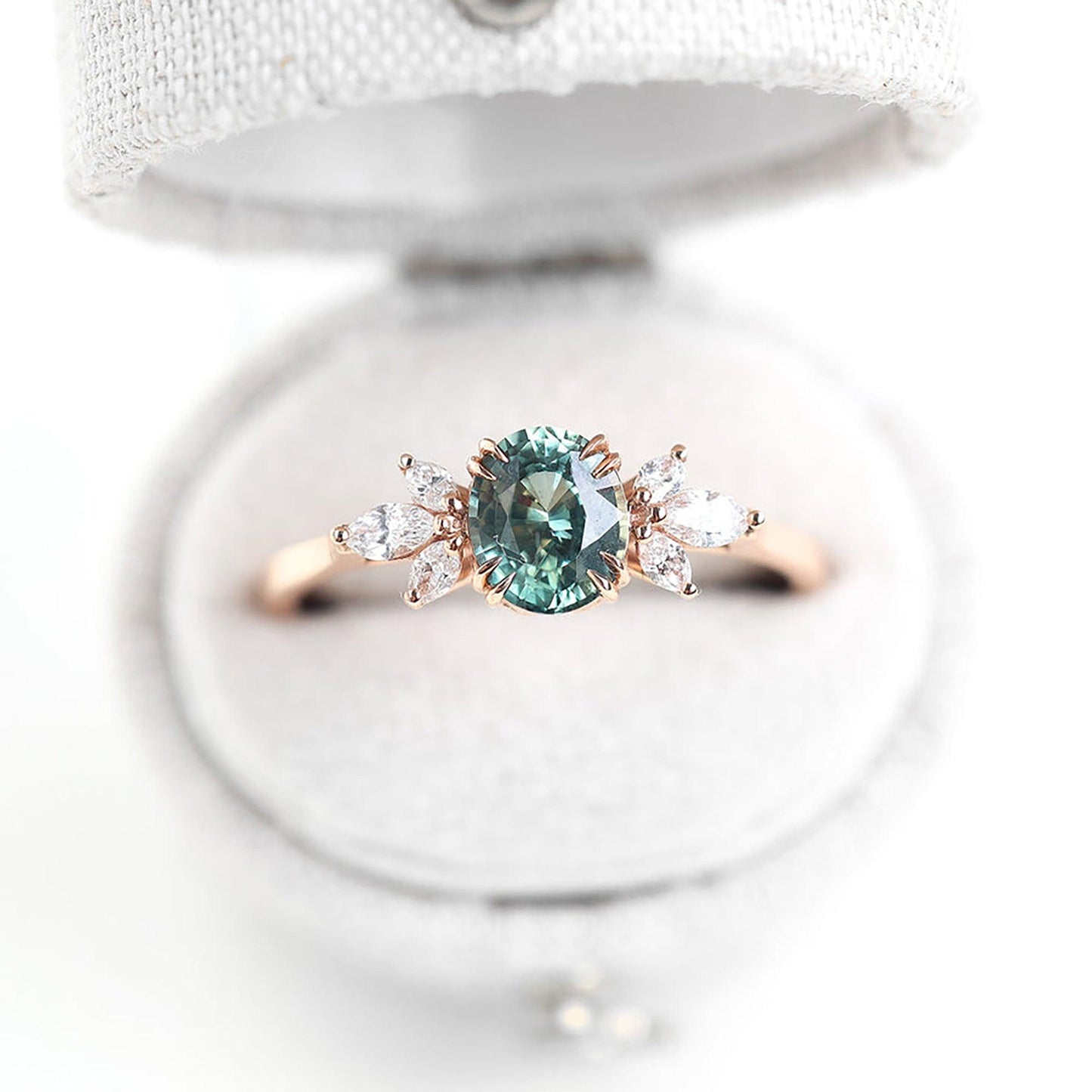 Unique Floral Rose Oval Lab Light Green Sapphire Ring