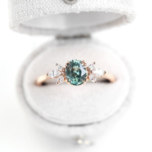 Unique Floral Rose Oval Lab Light Green Sapphire Ring