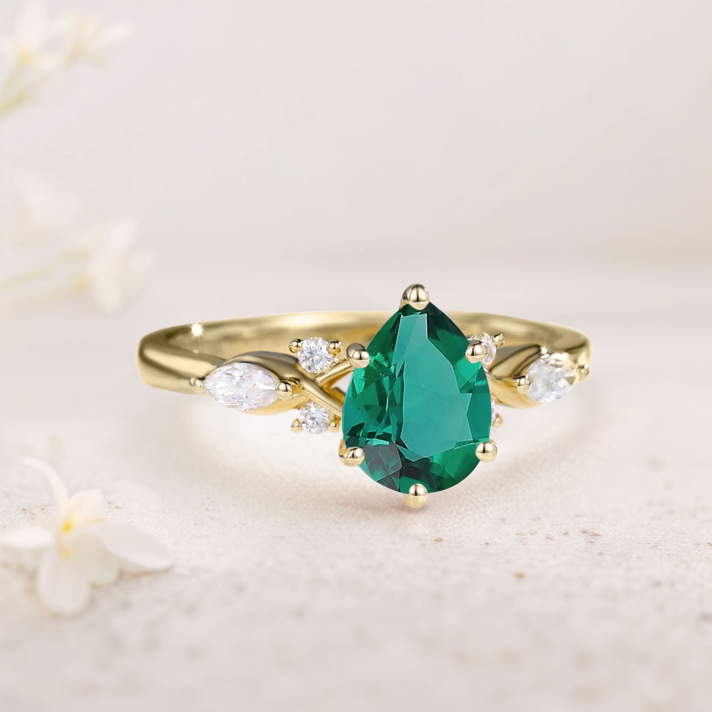 Unique Pear Emerald Split Shank Engagement Ring