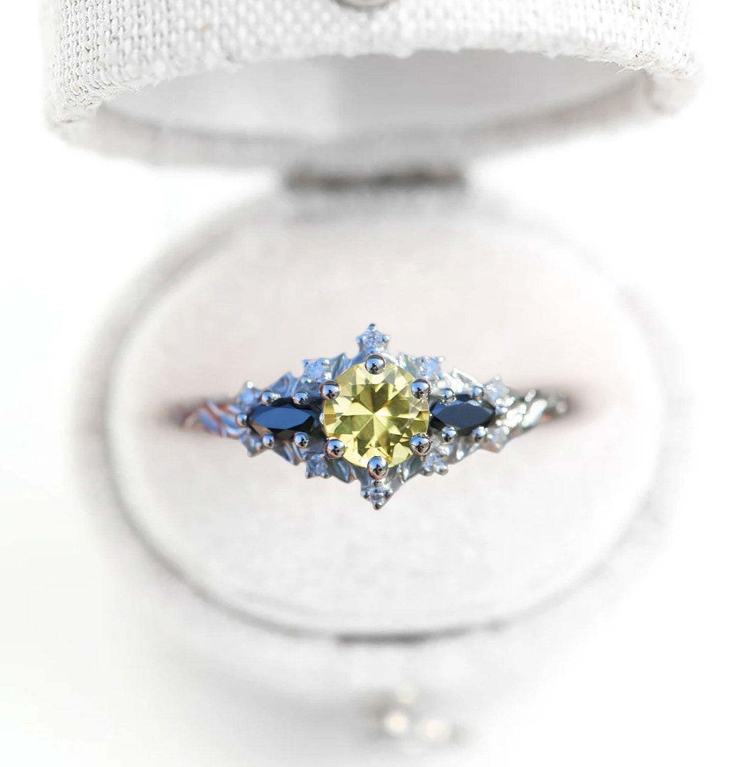 Unique Celeste Rose Round Citrine and Black Moissanite Ring