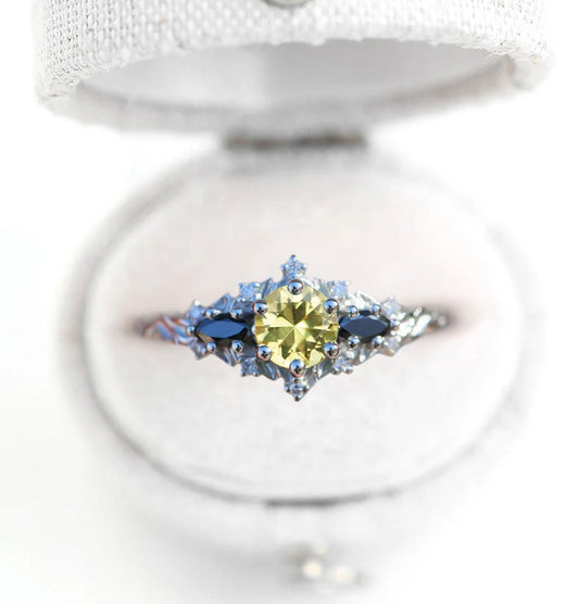 Unique Celeste Rose Round Citrine and Black Moissanite Ring
