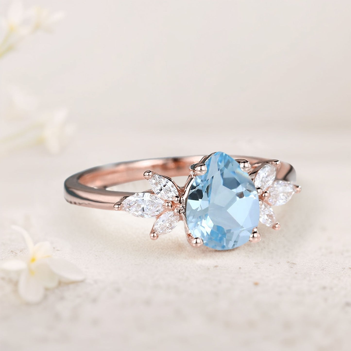 Unique Pear Aquamarine Engagement Ring Simple Cluster Bridal Ring