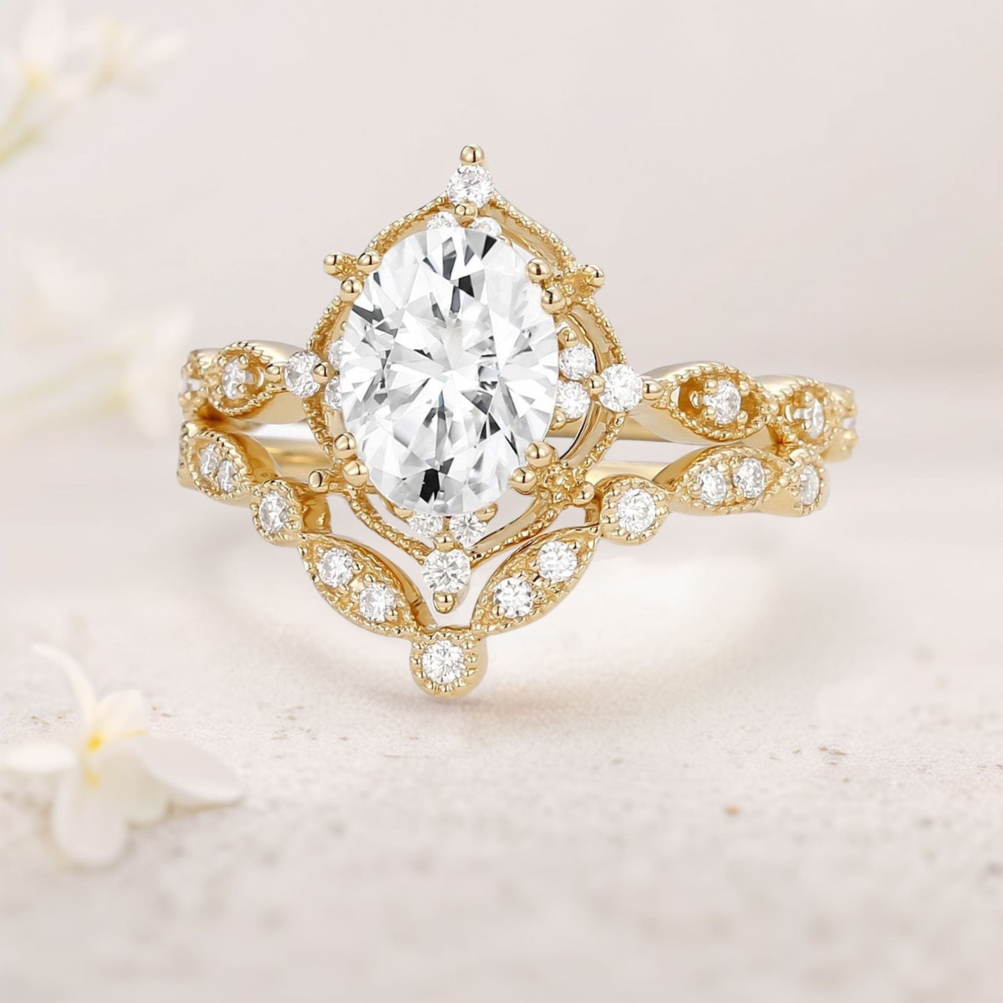 Vintage floral engagement rings Oval Moissanite Signature Ring Bridal Ring Set