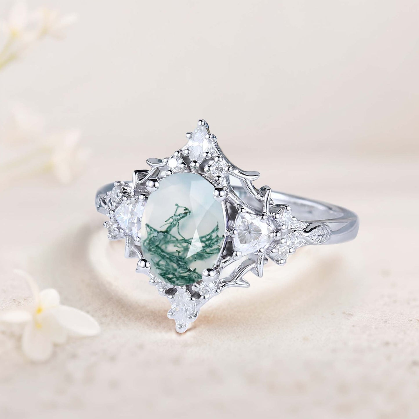 Vintage floral engagement rings Briar Rose Oval Moss Agate and Moissanite Engagement Ring Filigree Ring