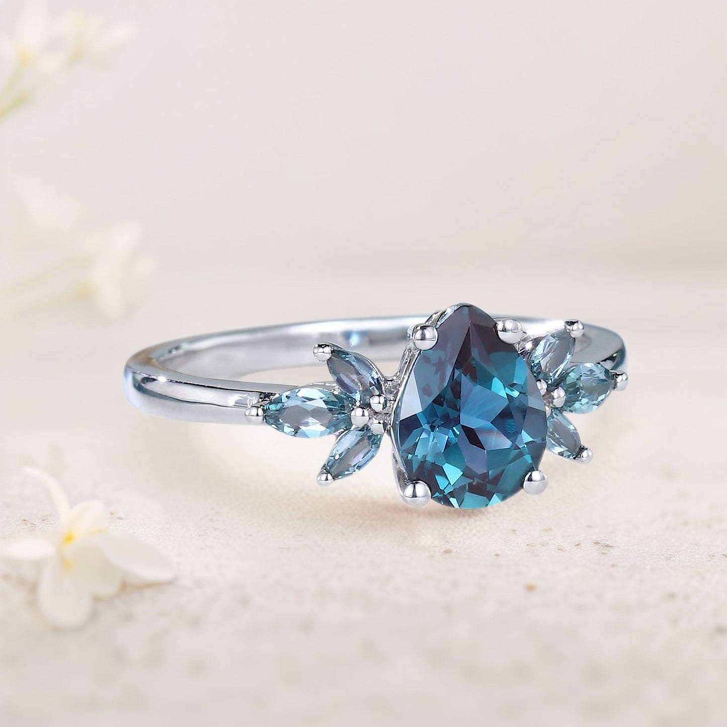 Unique Pear Lab Alexandrite Engagement Ring with Petal Accents