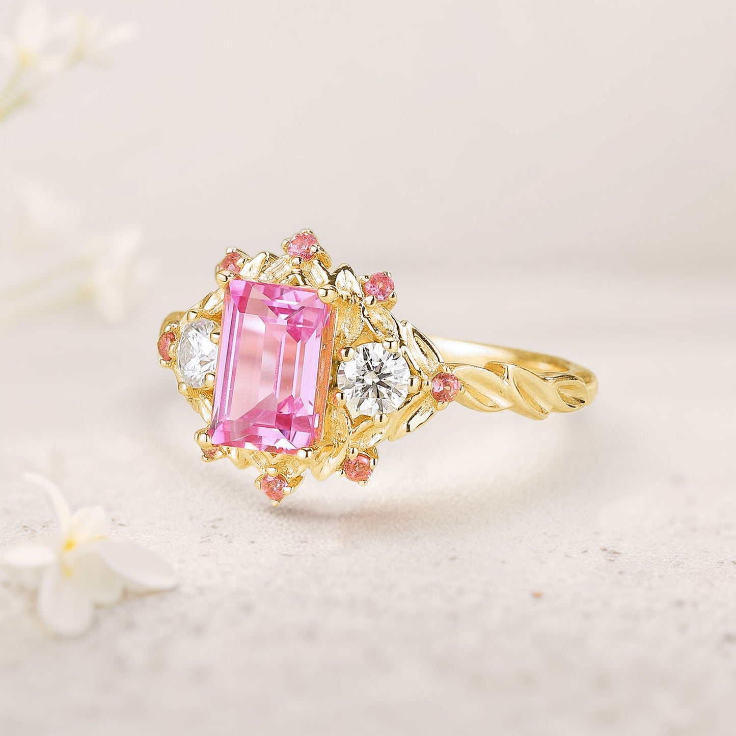 Unique floral engagement rings Emerald Cut Padparadscha Engagement Ring Leaf Design Padparadscha Cluster Wedding Ring