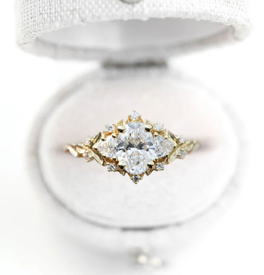 Unique Briar Rose Three Stone Oval Moissanite Ring