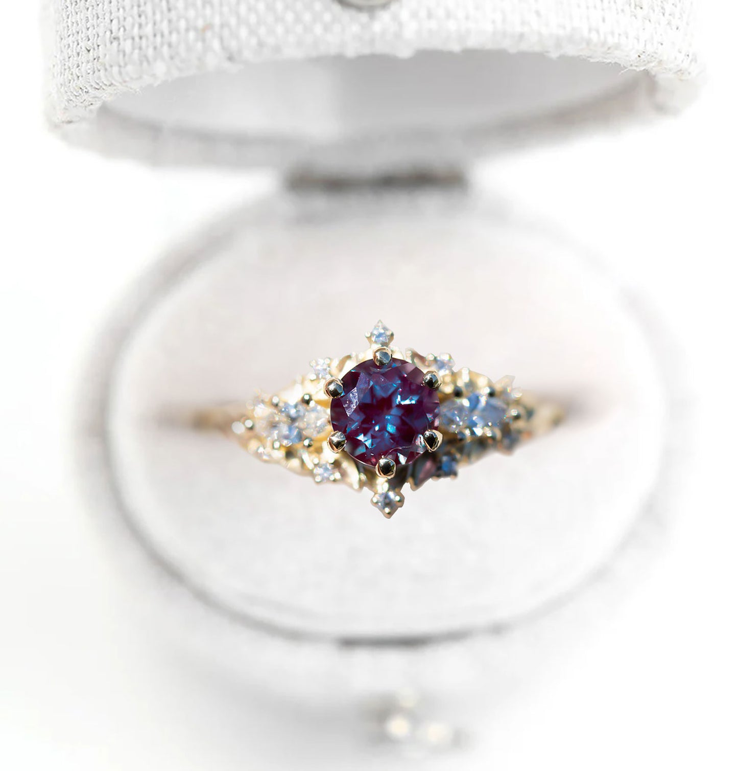Unique Floral Rose Three Stone Round Lab Alexandrite Ring