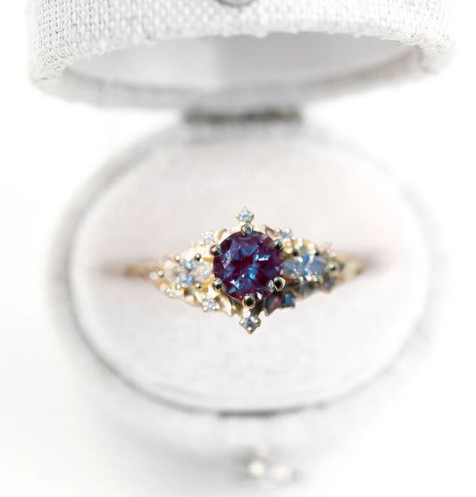 Unique Floral Rose Three Stone Round Lab Alexandrite Ring