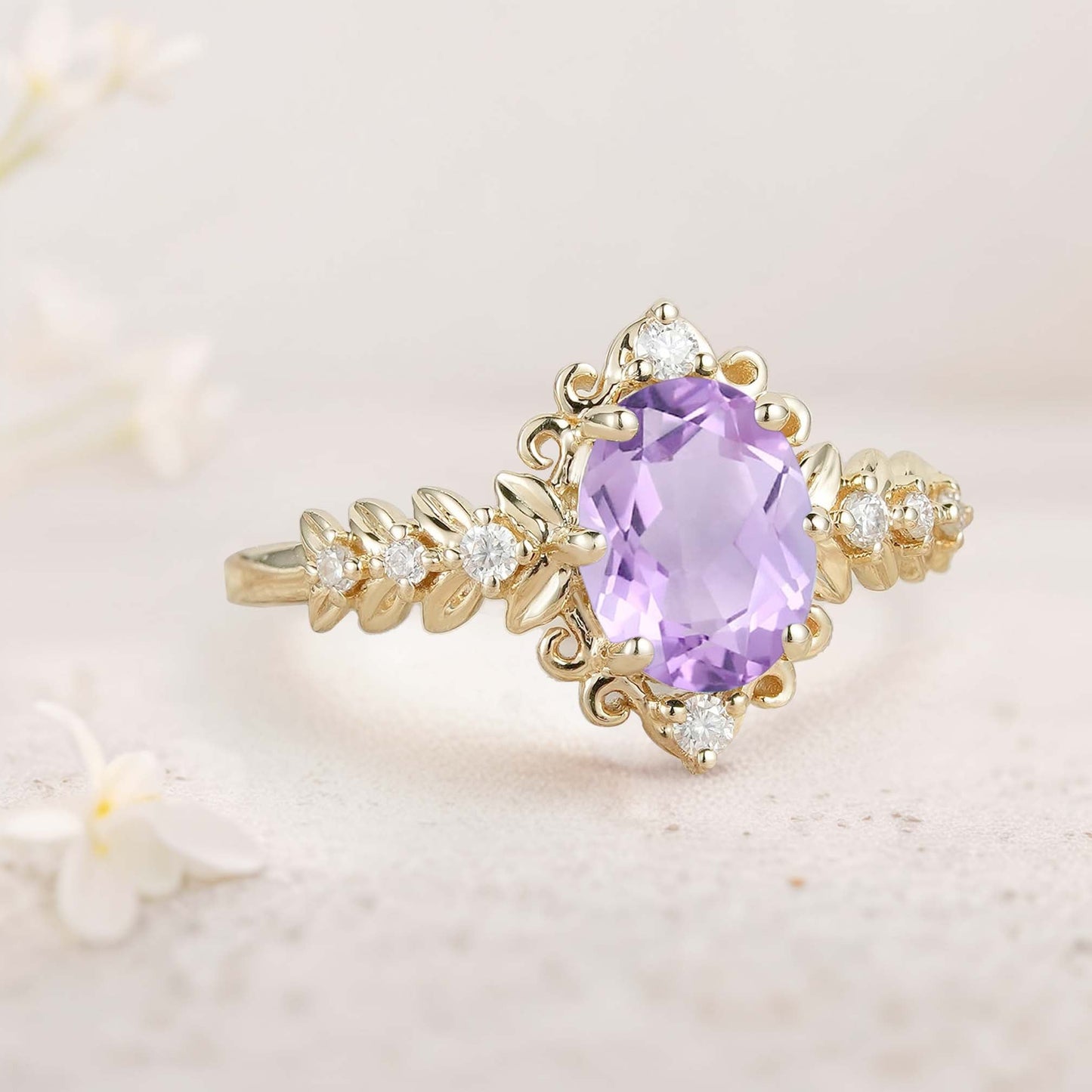 Unique Elegant Royal Oval Amethyst Filigree Leaf Engagement Ring