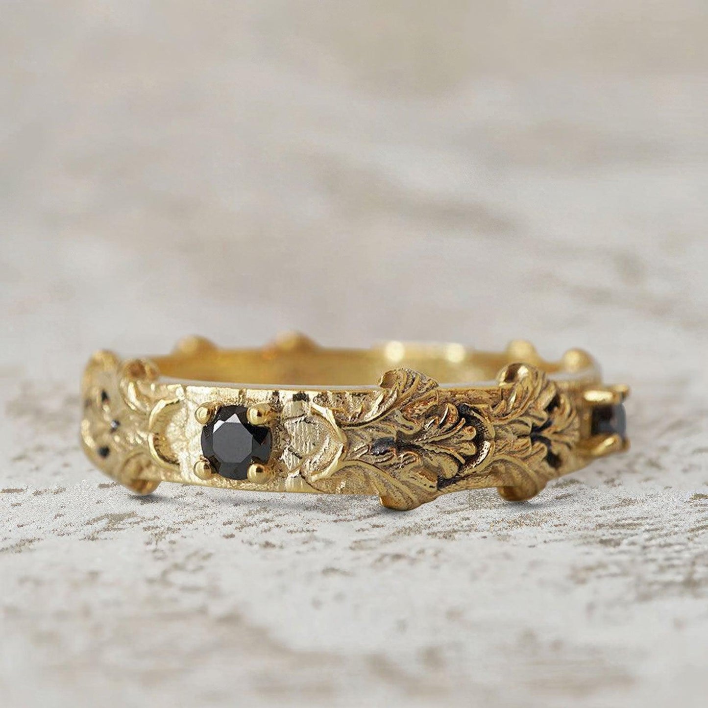 Unique Gothic Acanthus Round Lab Black Onyx Ring Band For Men
