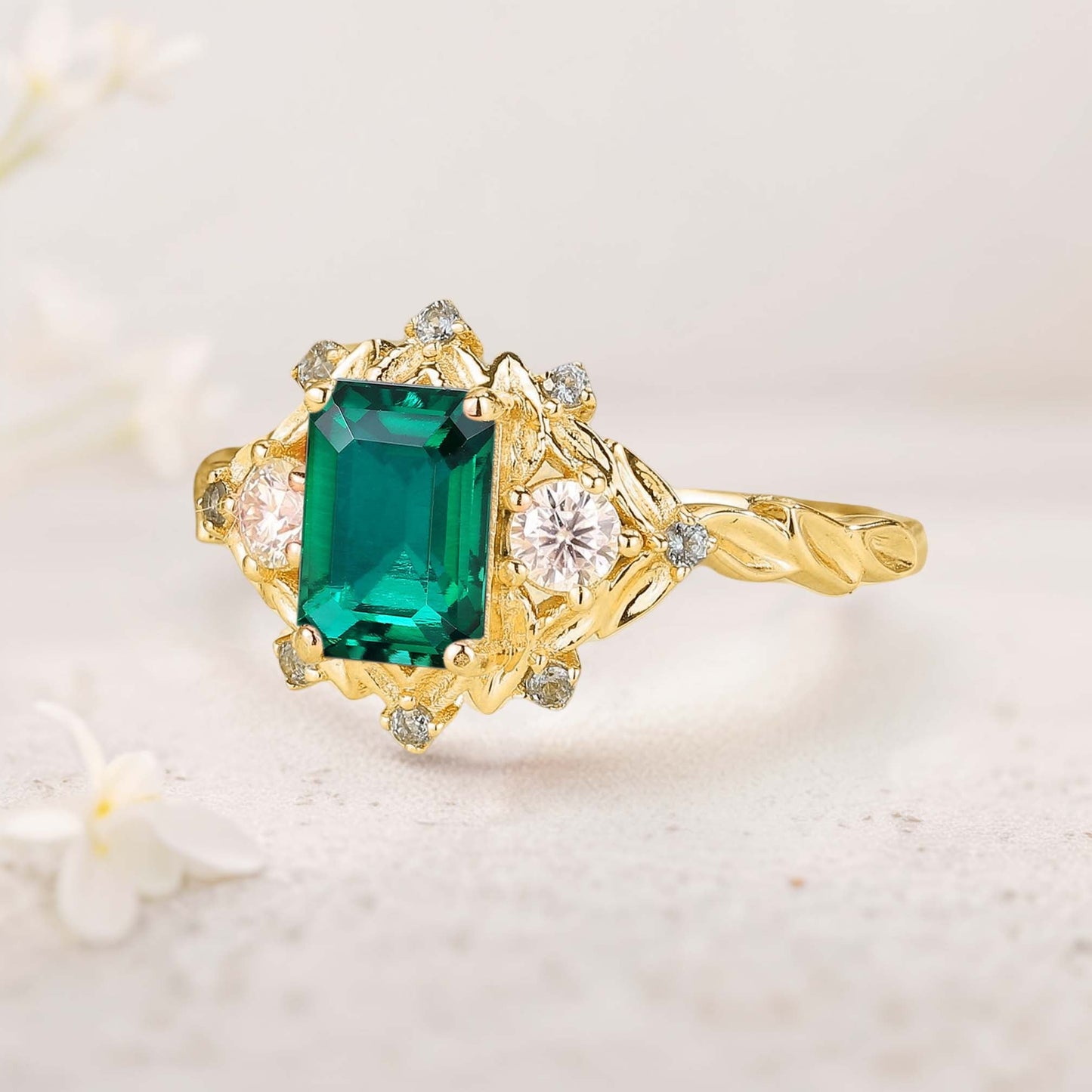 Vintage floral engagement rings Three Stone Emerald Engagement ring Fairy ring