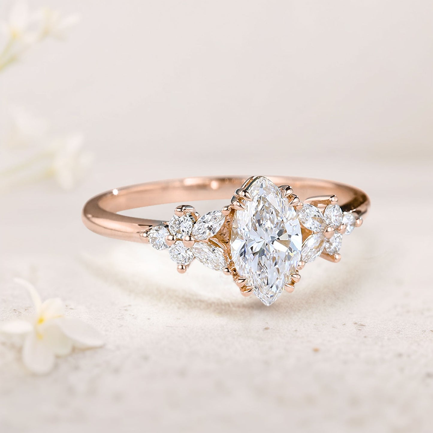 Unique Marquise Moissanite Rings Petal Side Stones Engagement Ring