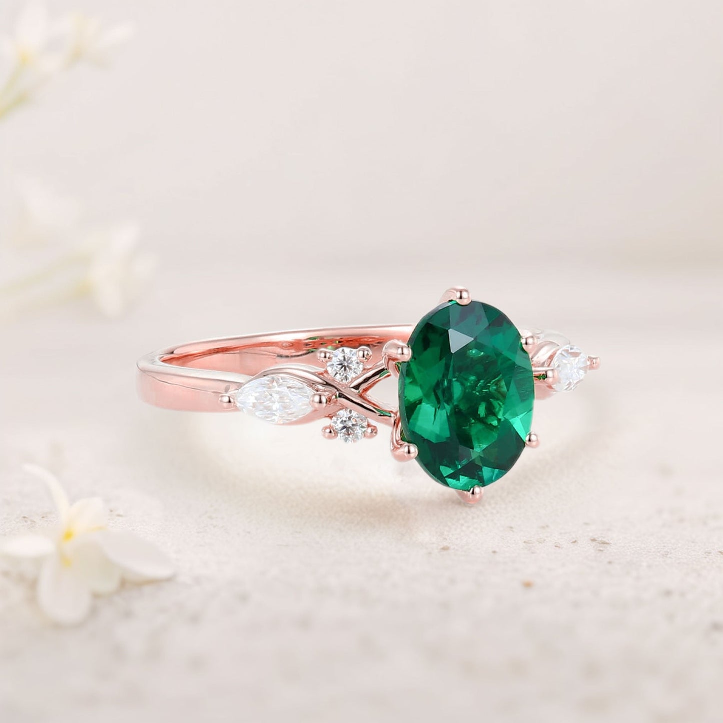 Unique Oval Emerald Split Shank Engagement Ring