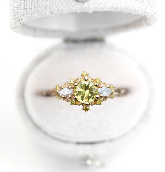 Unique Floral Rose Three Stone Round Citrine Ring