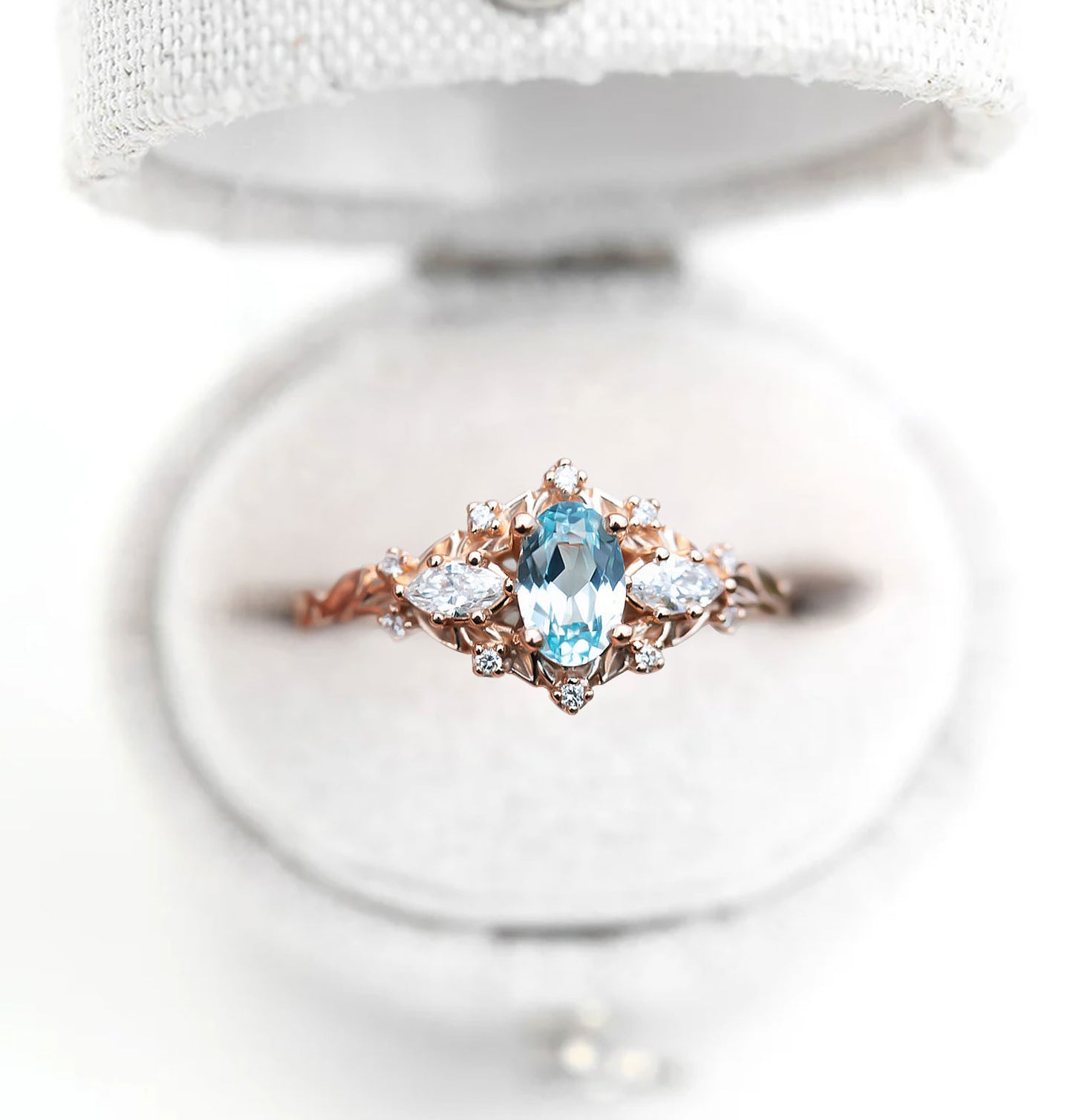 Unique Floral Rose Three Stone Oval Topaz Ring