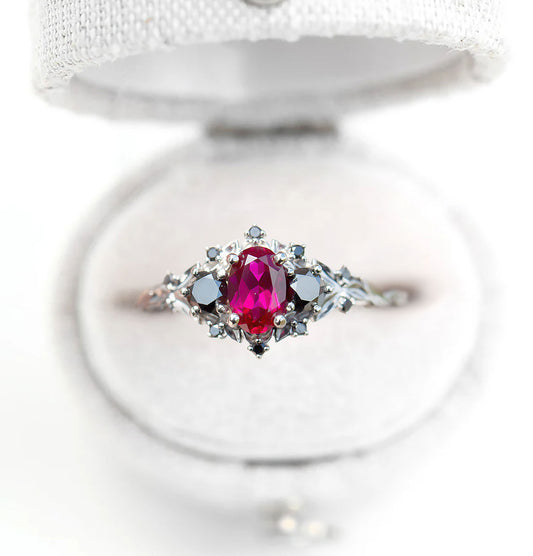 Unique Floral Rose Three Stone Oval Lab Ruby and Black onyx Ring