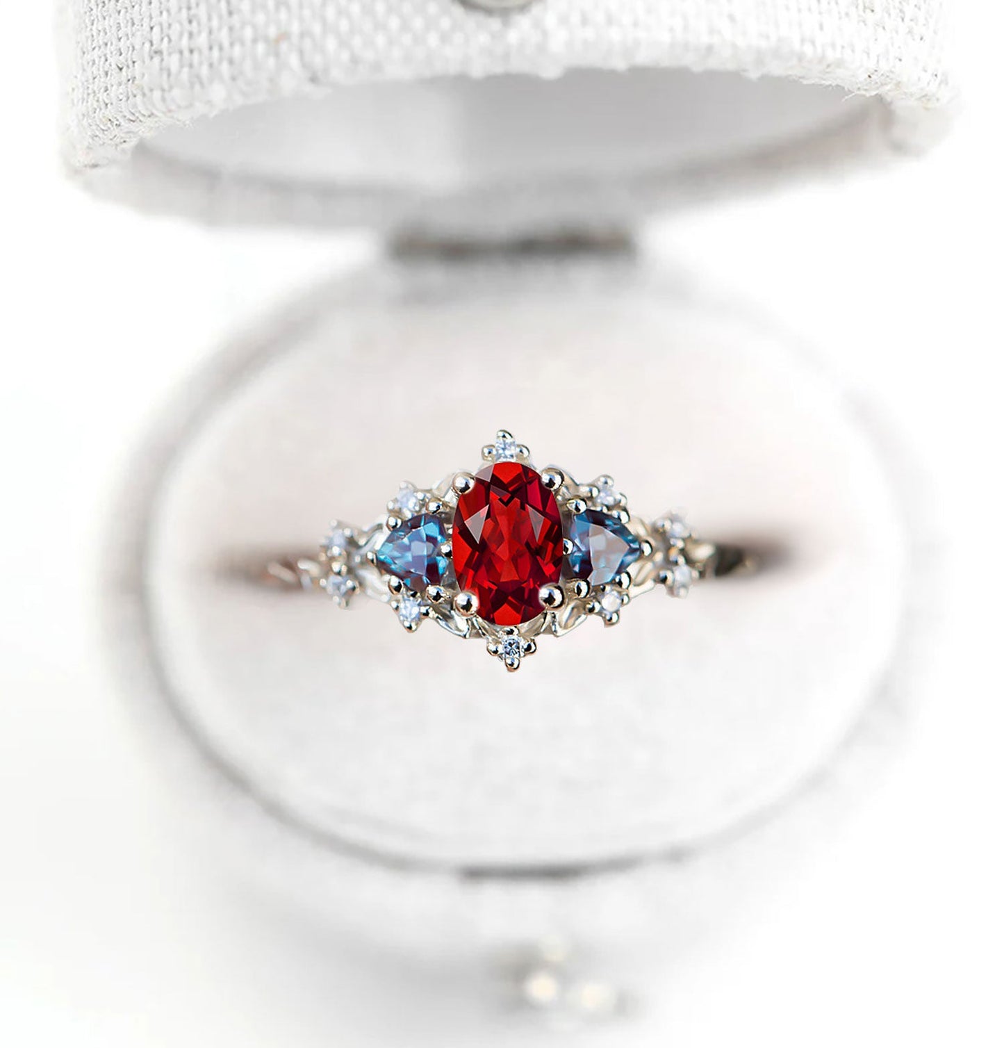 Unique Celeste Rose Three Stone Oval Garnet and Lab Alexandrite Wedding Ring
