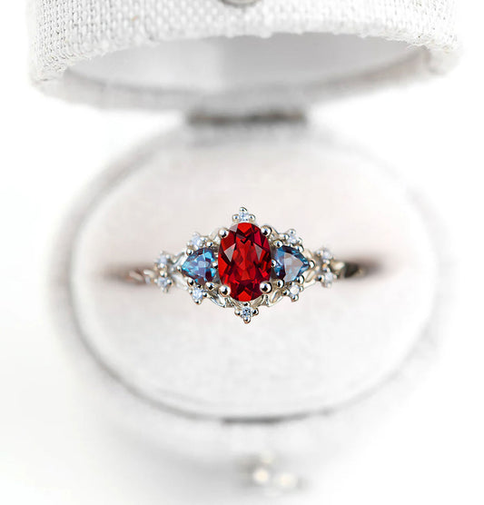 Unique Celeste Rose Three Stone Oval Garnet and Lab Alexandrite Wedding Ring