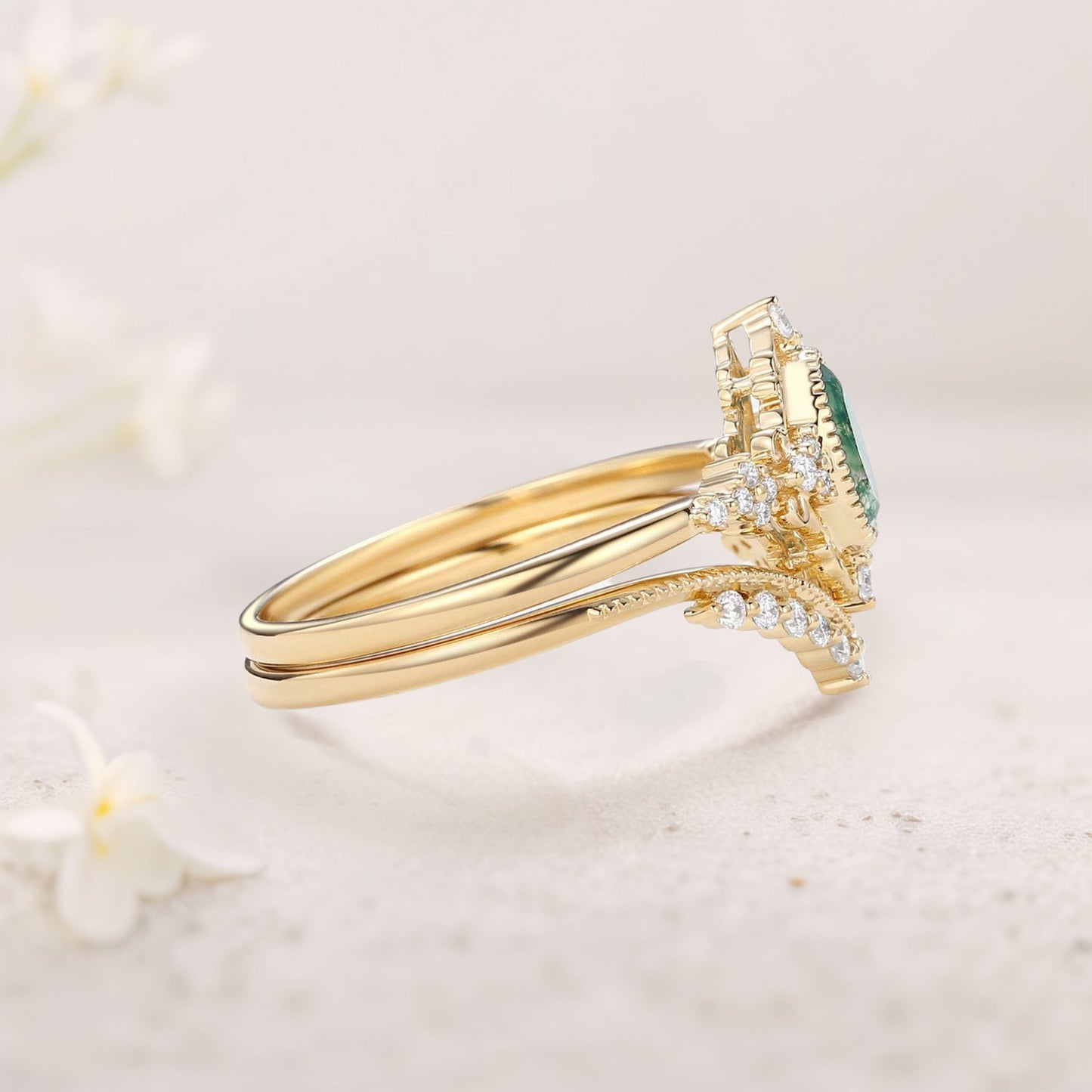 Vintage floral engagement rings Oval Moss Agate Milgrain Engagement Ring Set