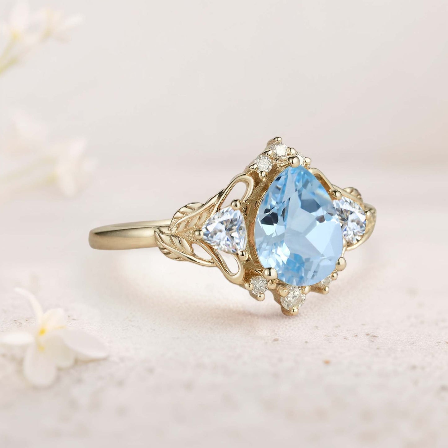 Unique floral engagement rings Pear Aquamarine and Moissanite side stones Leaf Ring Engagement Ring