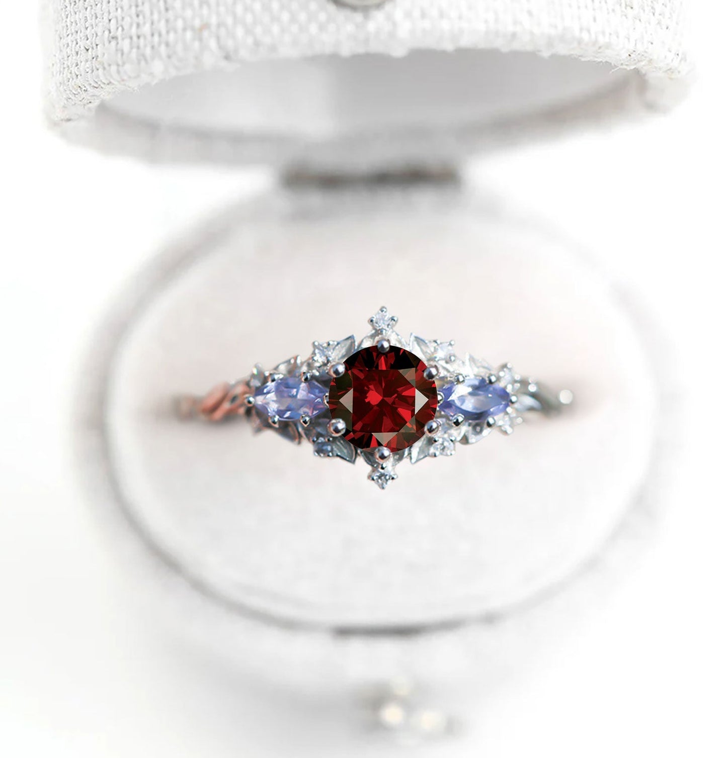 Unique Floral Rose Three Stone Round Garnet and Lab Tanzanite Anniversary Ring