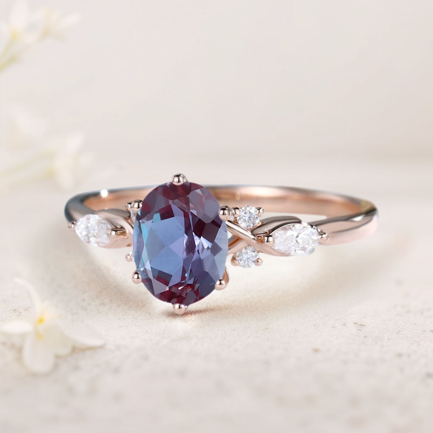 Vintage Oval Alexandrite and Moissanite Engagement Ring