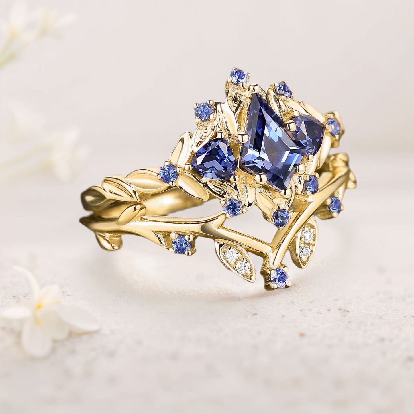 Unique floral engagement rings Kite Sapphire Engagement Ring Set Sapphire Cluster Ring Leaf Floral Wedding Ring Set
