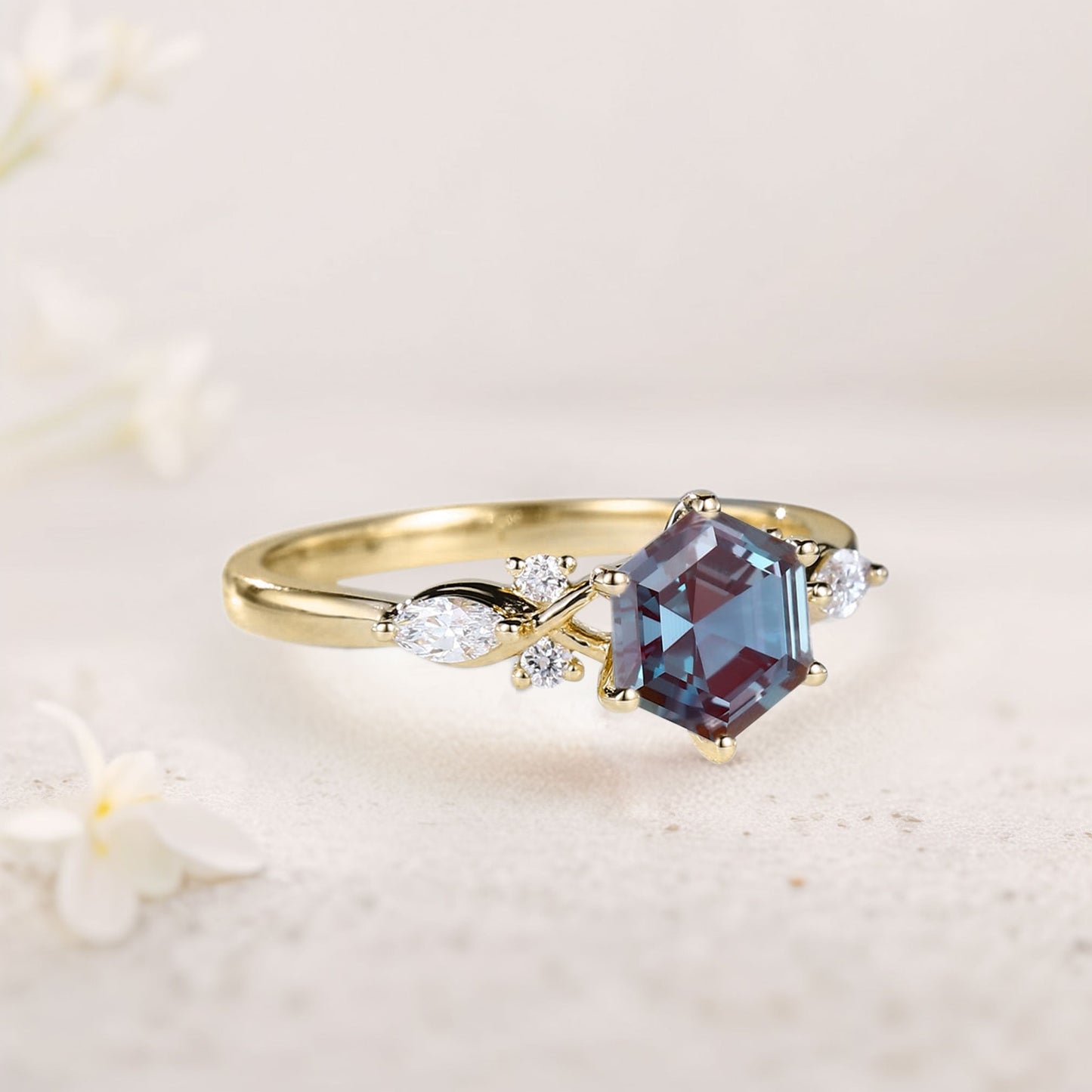 Vintage Hexagon Alexandrite Engagement Ring For Women