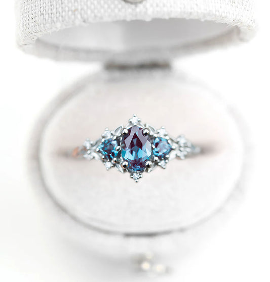 Unique Floral Rose Oval Lab Alexandrite Ring