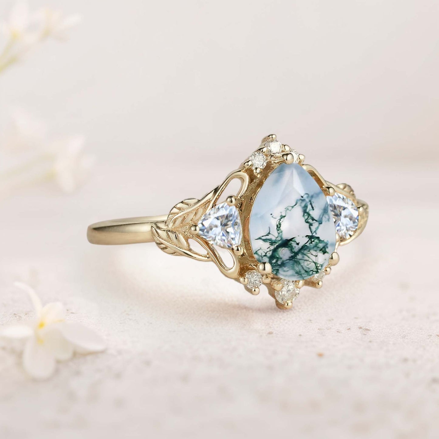 Unique floral engagement rings Pear Moss Agate and Moissanite side stones Leaf Ring Engagement Ring