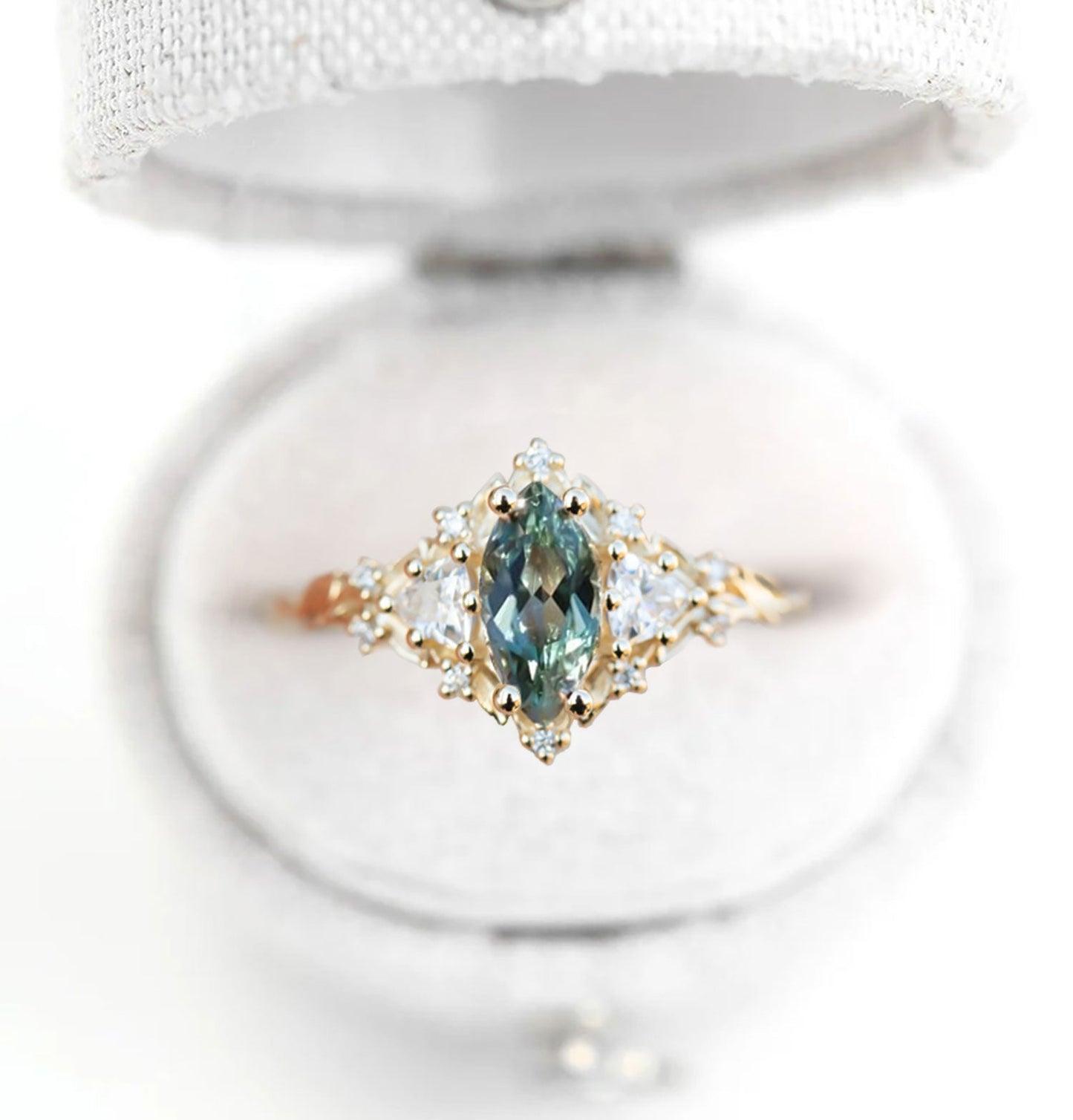 Unique Floral Rose Three Stone Marquise Lab Green Sapphire and Moissanite Ring