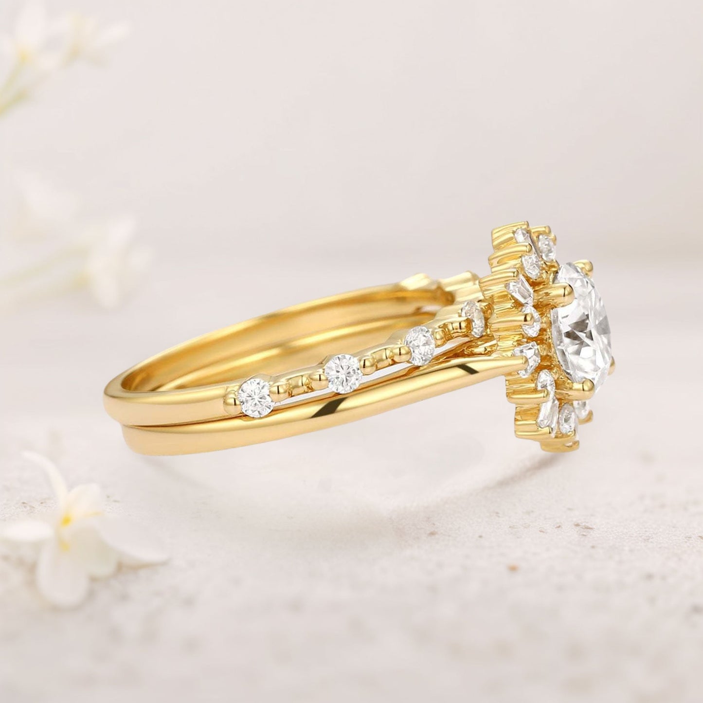 Unique floral engagement rings Round Moissanite Halo Floral Ring Set