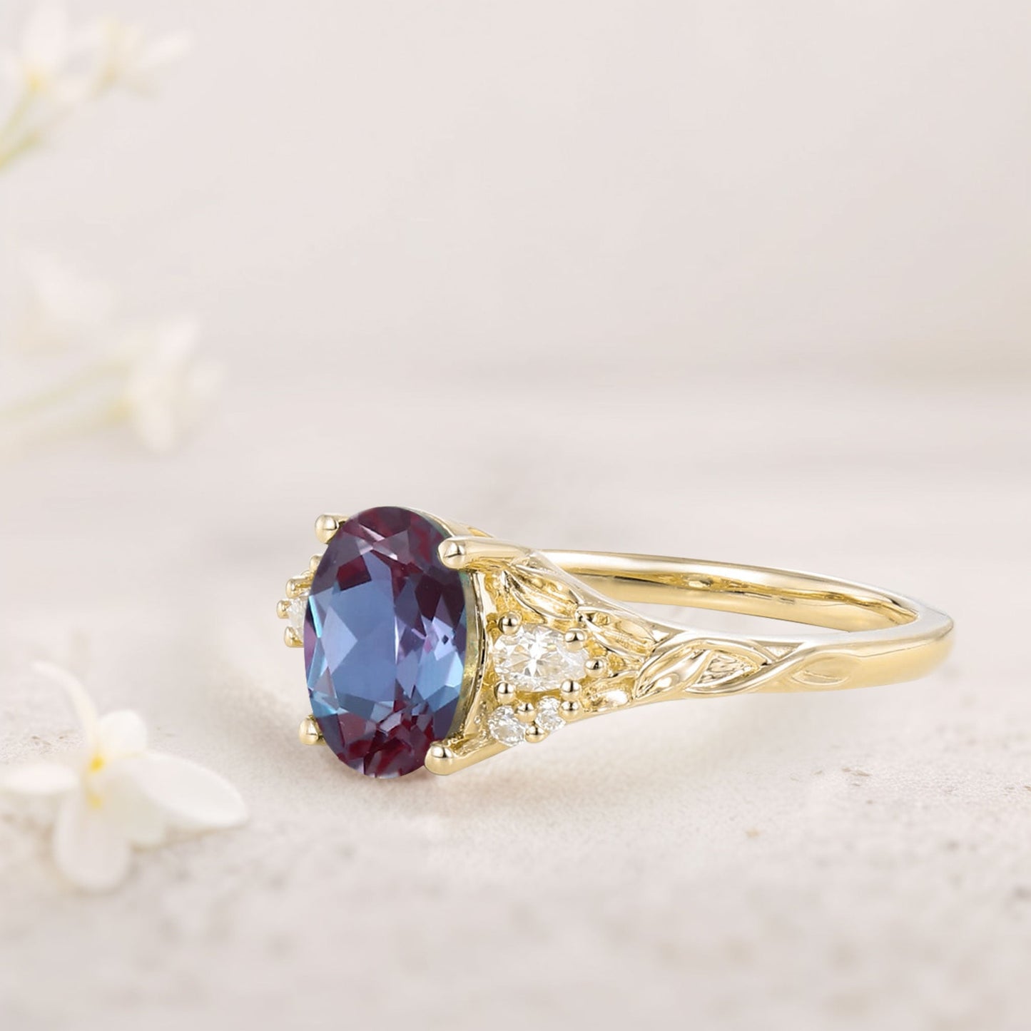 Unique Oval Alexandrite and Moissanite Wedding Ring