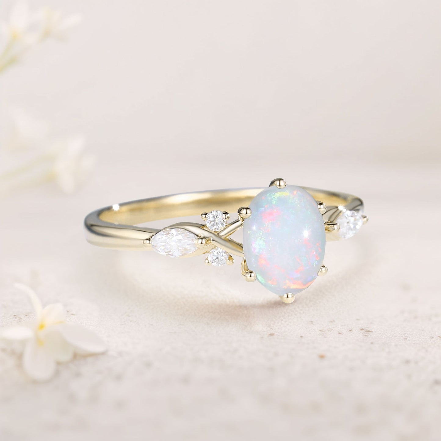 Vintage Oval Opal and Moissanite Engagement Ring