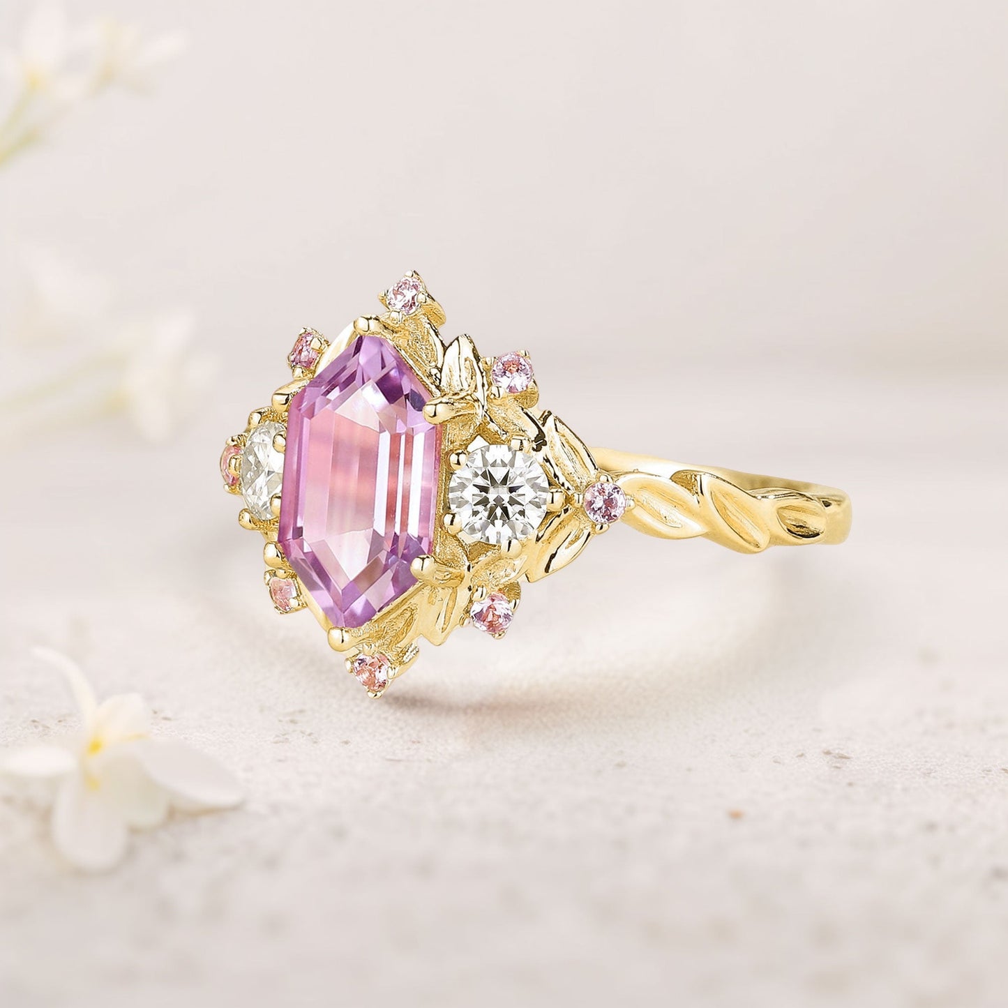 Unique Long Hexagon Pink Sapphire Cluster Wedding Ring Promise Ring For Women