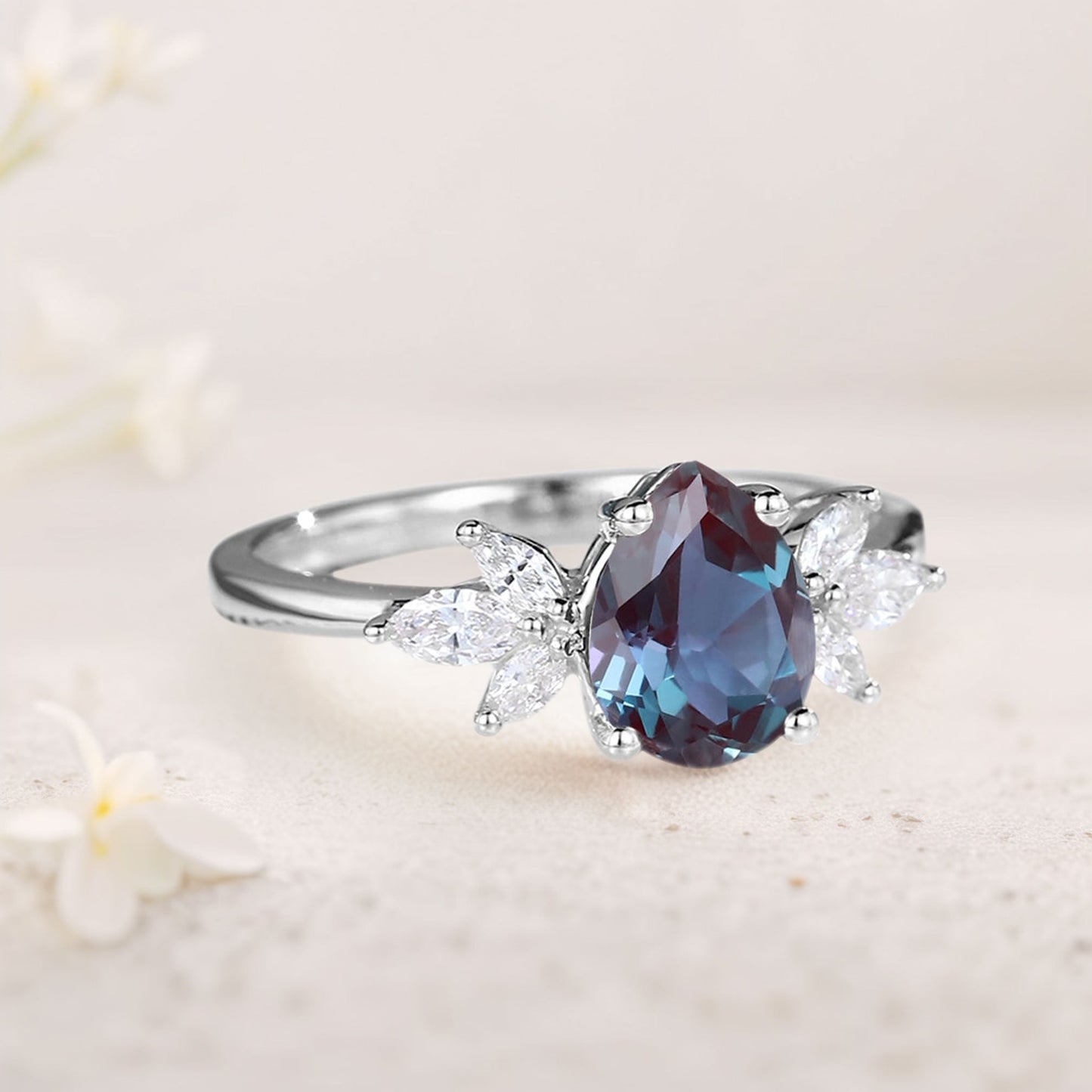 Unique Pear Lab Alexandrite and Moissanite Engagement Ring