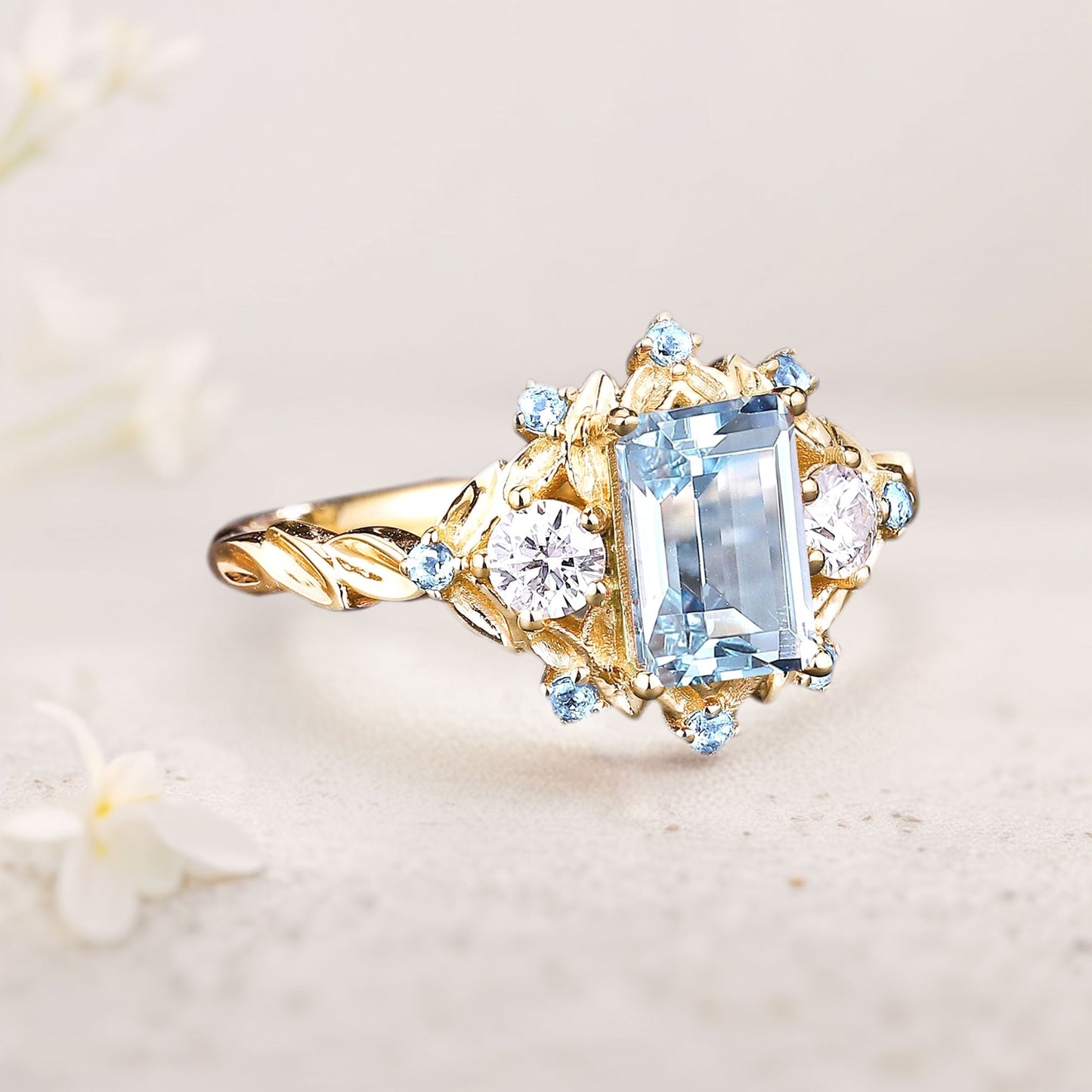 Unique floral engagement rings Natural Aquamarine Leaf Engagement Ring Promise Ring