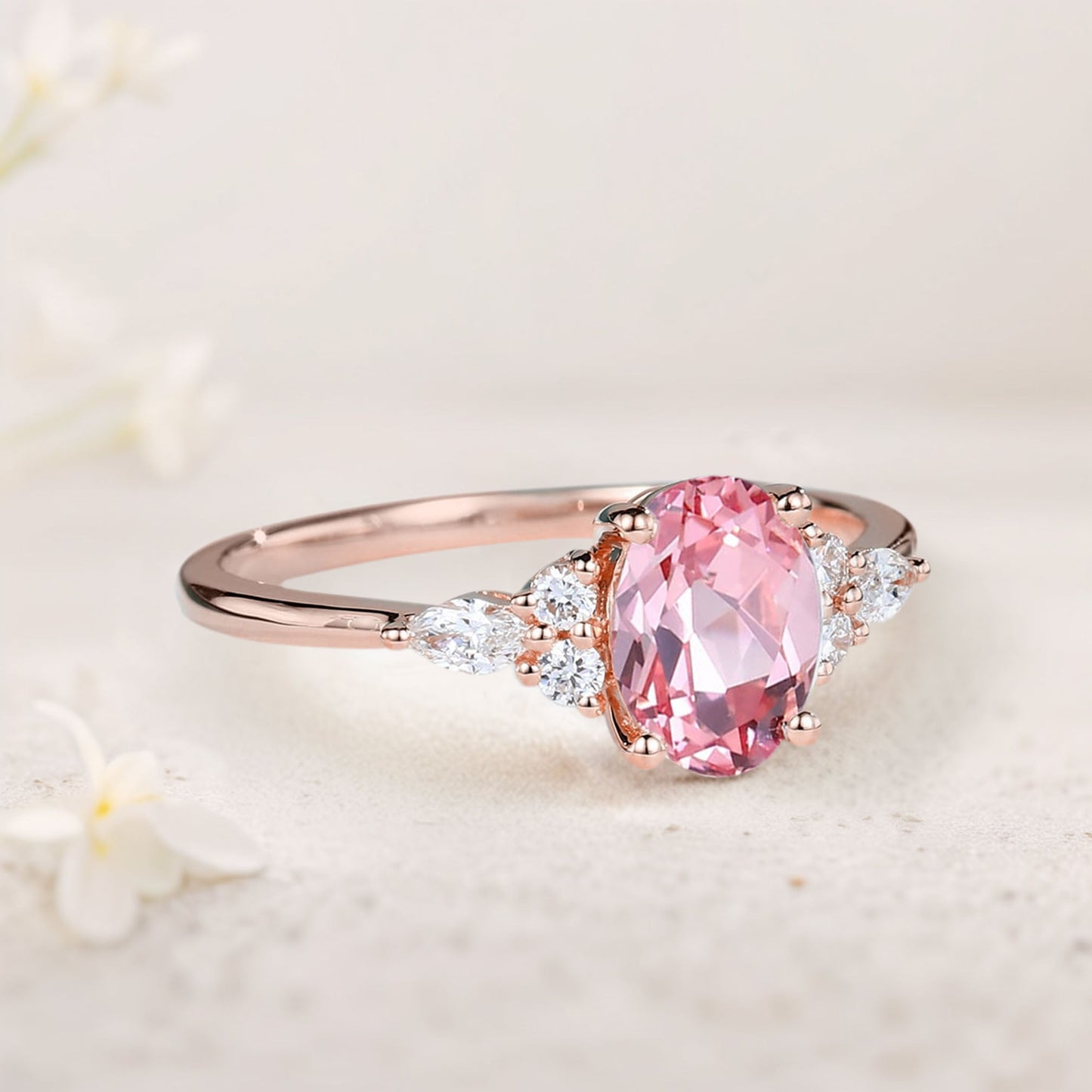 Vintage Oval Padparadscha Cluster Engagement Ring