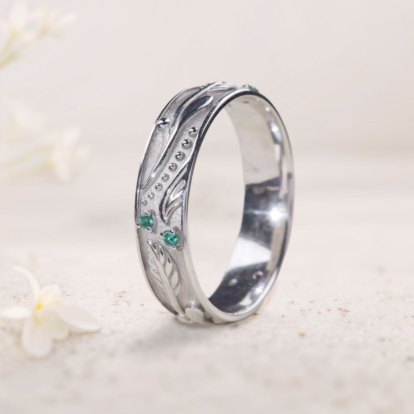Unique floral engagement rings Nature inspired Wedding Band with Emeralds For Men