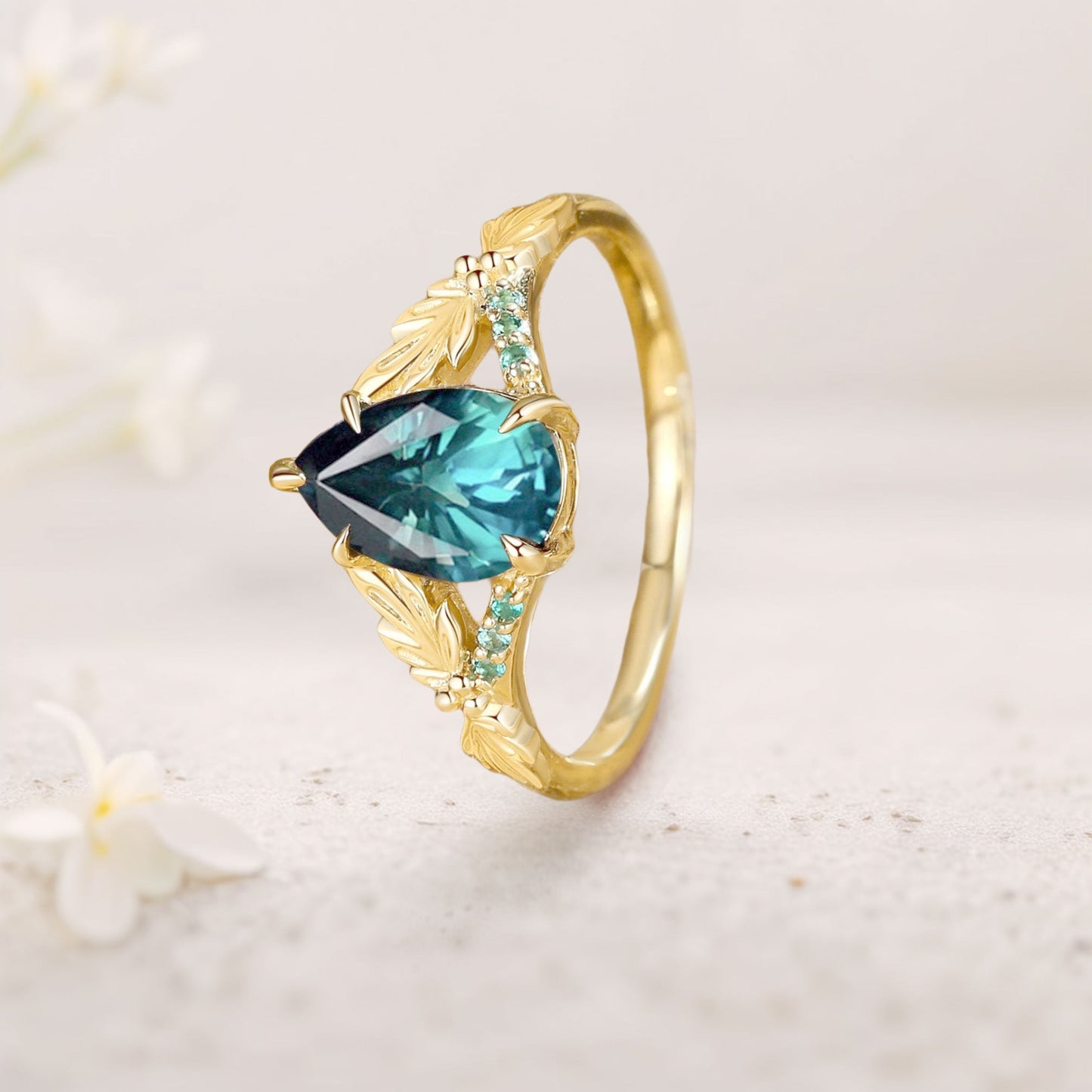 Unique floral engagement rings Pear Green Sapphire Leaf Engagement Ring